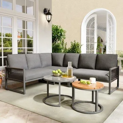 Image de Ensemble de mobilier de jardin pour 6 à 7 personnes, banc d'angle avec structure en acier inoxydable, pieds réglables, avec tous les coussins d'assise et de dossier, gris