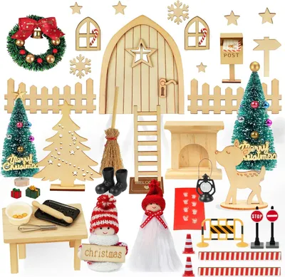 Produktbild von 48 PCS Wichteltš¹r Komplettset, Wichteltš¹r Set Zubeh?r Weihnachten mit Baustelle, Weihnachtswichtel Set fš¹r Kinder Wichtel Deko Holz Miniatur mit Licht, Briefkasten, Stiefel, Zaun, Kranz, Leiter