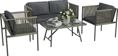 Produktbild von 4-teiliges Gartenmöbel-Set, 1 Sofa, 2 Sessel, 1 Tisch mit Glasplatte, Kissen, Stahlrahmen, Kunststoff-Rattan, Grau