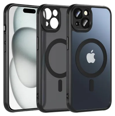 Three iPhone cases are displayed side-by-side, with the front of one case showing a phone screen.