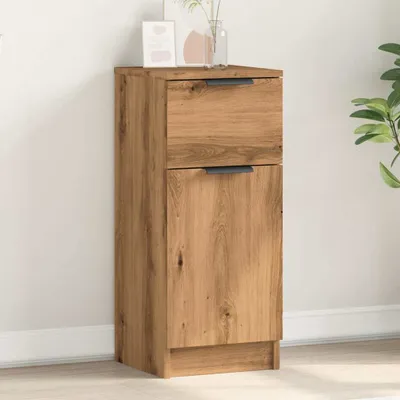 A wooden cabinet with two drawers and a door, placed against a white wall.