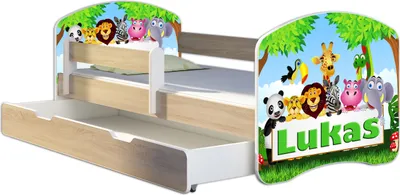 Produktbild von ACMA Jugendbett Kinderbett Junior-Bett Komplett-Set mit Matratze Lattenrost und Rausfallschutz Sonoma 01 Zoo Name 180x80 + Bettkasten