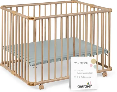 Produktbild von GEUTHER Laufgitter Lucilee | Natur | 76x97 cm | Mobil auf Rollen | 3-fach höhenverstellbar | Faltbar | Gepolsterter Boden | GS