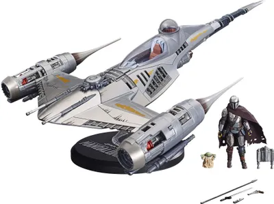 A Star Wars N-1 Starfighter model with accompanying figures and accessories, displayed on a white background.