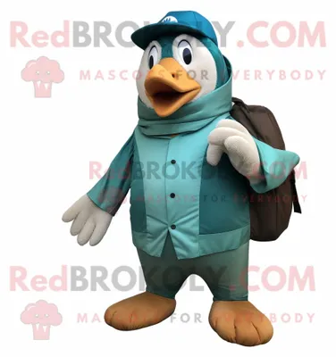 Produktbild von Blaugrüner REDBROKOLY Pinguin Maskottchen Kostüm charakter bekleidet mit einer Cargohose und Wraps