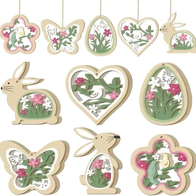 12 Holz-Osteranhänger, Osterhase, Eier, Blumen, Schmetterlinge, rosa