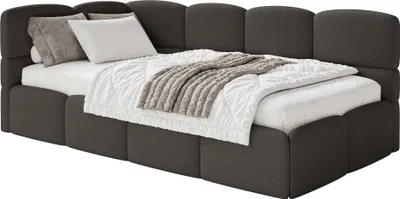 Obrázek produktu pro Selsey Cloudy – dětská postel 120 cm, úložný prostor, bouclé, čelo vlevo, hnědá