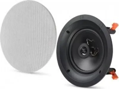A white speaker grille and a black speaker are shown side-by-side against a white background.