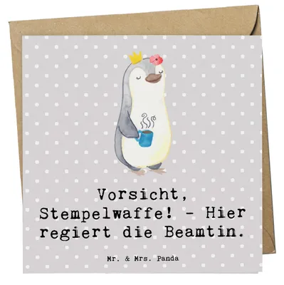 Produktbild von Mr. & Mrs. Panda Grußkarte Beamtin Stempelwaffe - Grau Pastell - Geschenk, doppelkarte, Humor, handgefertigte Geschenke, faltkarte, Stempel, Glückwunschkarte, anlasskarte