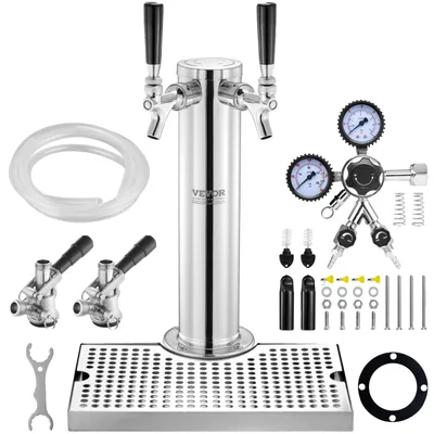 Zdjęcie produktu dla Zestaw wieżowy VEVOR kegerator, zestaw do konwersji piwa z 2 kranami do piwa, dozownik wieżowy piwa ze stali nierdzewnej z podwójnym urządzeniem pomiarowym W21.8 regulator i złącze beczki S-System, taca ociekowa na piwo na imprezy w domu