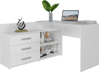 Zdjęcie produktu dla Funkcjonalne biurko narożne DANY z 3 szufladami – biurko w kształcie litery L | Kolor: matowa biel | 120 x 50 x 76 cm
