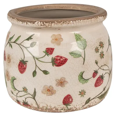 Obrázek produktu pro Clayre & Eef Květináč Ø 16x13 cm Béžová červená keramika Jahody