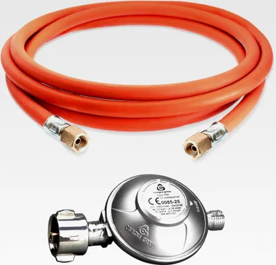 Produktbild von 1,5 m Gasschlauch mit 50 mbar Gasdruckregler, 150 cm Industrie-Gasschlauch mit 2×1/4" lks Schelle und 50 mbar Druckminderer
