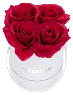 Blumenbox rund, 4 künstliche Rosen, weiße Box, rot