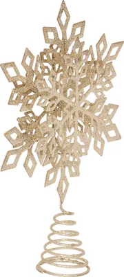A gold glitter snowflake tree topper on a white background.