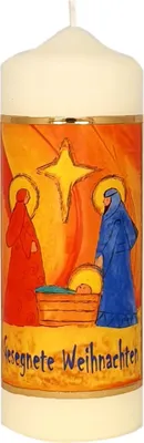 Produktbild von Weihnachtskerze "Krippe orange/blau" Elfenbein 170 x Ø 60 mm