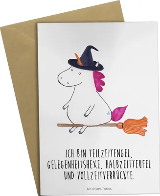 Produktbild von Mr. & Mrs. Panda Klappkarte Einhorn Hexe - Weiß - Geschenk, osterkarten, einladungskarten, weihnachtskarten, Frau, hochzeitskarten, Teufel, glückwunschkarten, Unicorn