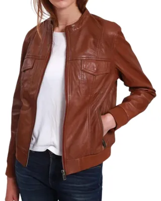 Immagine prodotto di Giacca di pelle da donna, marca Lee Cooper, modello Binta, stile Ramoneska, colore marrone, realizzata in pelle di agnello