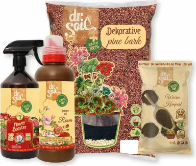 Produktbild von Pflanzenpflegepaket für die Rosen mit Wurmkompost, organischem Rosendünger, Biostimulatorspray für die Blüte und mediterraner Pinienrinde