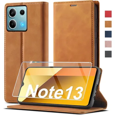 Productafbeelding van Lederen fliphoes voor de Xiaomi Redmi Note 13 5G, bruin, inclusief beschermfolie