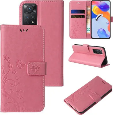 A collage of images showing a pink floral butterfly patterned flip phone case for a Xiaomi Redmi Note 11 Pro.