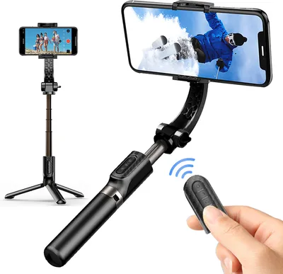 Produktbild von Smartphone-Kopfstabilisator mit einziehbarem Selfie-Stick und Stativ, 1 multifunktionale Fernbedienung 360° automatische Drehung, iPhone/Android schwarzer automatischer Ausgleich