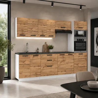 Produktbild von ULWEHOME | Küchenzeile 260 cm Eiche Wotan, Küchenmöbel-Set mit Backofen-Mikrowellen-Hochschrank & geteilten Arbeitsplatten 120 cm