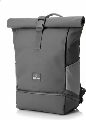 A gray roll-top backpack with a laptop compartment.