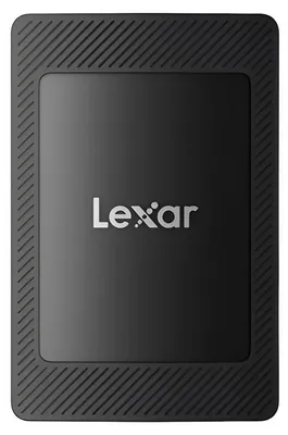 A black Lexar external SSD is shown against a black background.