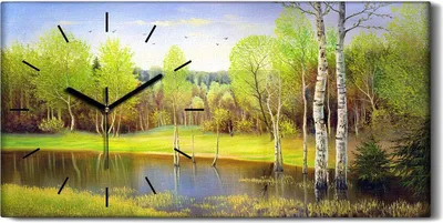 A painting of a serene forest landscape with a lake in the foreground and birch trees on the right side. A clock face is superimposed on the painting.