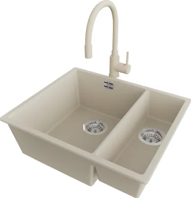 Produktbild von PRIMAGRAN Unterbauspüle Granit Beige 56x47cm, Spülbecken 1,5 Becken + Küchenarmatur 38x14cm + Ablauf-Set, Granitspüle ab 60er Unterschrank - London Duo