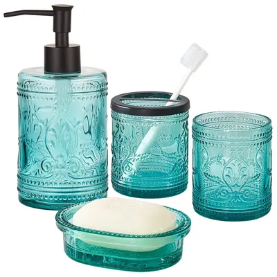 Immagine prodotto di Set di accessori da bagno in vetro, composto da 4 pezzi, con motivo decorativo stampato
