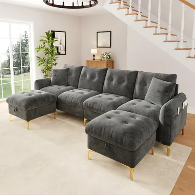 Immagine prodotto di Divano classico a 4 posti con tasca laterale e 2 cuscini decorativi, divano a forma di "U" con 2 poggiapiedi contenitori, divano angolare per soggiorno, colore grigio