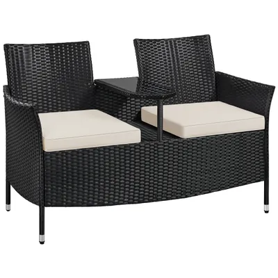 Produktbild von Yaheetech 2-Sitzer Polyrattan Gartenbank inkl. Tisch & Kissen, 131×65,5×85 cm, wetterfest, Schwarz/Beige