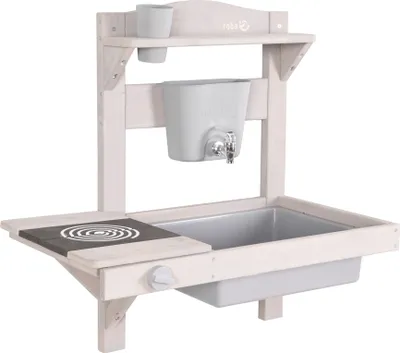 Produktbild von roba Kinder Matschküche zum Hängen - Funktionelle Outdoor Spielküche mit Wasserspender & Zubehör - es Holz - Grau lasiert