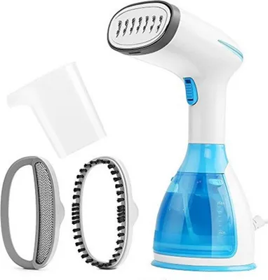 A white and blue handheld garment steamer with accessories on a white background.