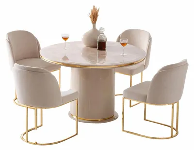 Produktbild von Elegantes Esszimmer-Set mit rundem Tisch und goldenen Akzenten
