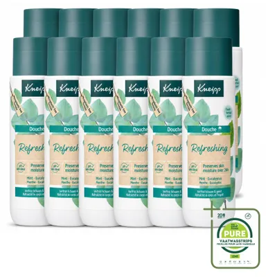 Immagine prodotto di 12 flaconi di gel doccia Kneipp, rinfrescante, con menta ed eucalipto, da 200 ml ciascuno. Confezione grande, 12 pezzi
