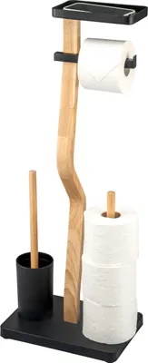 Image de eluno Garniture de WC sur pied 4 en 1, brosse de WC, porte-rouleau, tablette en bois  et métal noir