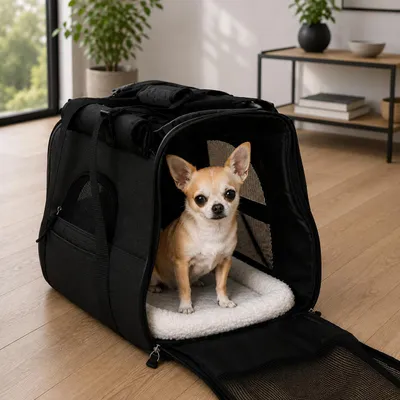 Produktbild von belviona Haustier-Tragetasche, Transporttasche für Katzen & kleine Hunde bis 10 kg, faltbar, mit Schultergurt & Liegekissen, schwarz, KI-generiertes Bild