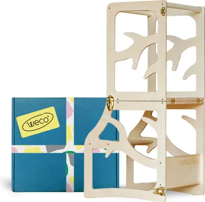 Produktbild von Weco Montessori Kinder Lernturm 2 in 1 Baum Design Tritthocker Zertifikat Schreibtisch Montessori Möbel Küchenhelfer klappbar Stylisch Kippschutz