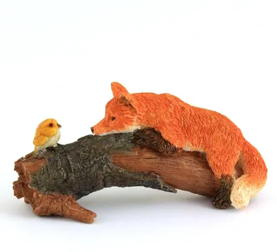 Miniatur roter Fuchs mit Vogel, Feengarten-Deko, 2" x 3,5", handbemalt