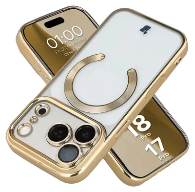 Produktbild von Handyhülle mit Kameraschutz und Magnetring für iPhone 18 Pro / 17 Pro, Bizon Case GuardO, Transparent-Golden