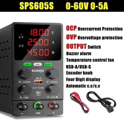 Zdjęcie produktu dla Laboratoryjny zasilacz prądu stałego – SPS605S 60 V 5 A – regulowany w zakresie 0–60 V i 0–5 A – zabezpieczenie OCP/OVP – wyłącznik wyjściowy – 4-cyfrowy wyświetlacz – pokrętło z enkoderem