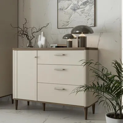 Produktbild von Forte LACETTI Kommode 120, moderne Kommode mit Skandi Lamellen Design, 3 Schubladen, 1 Tür, Holzwerkstoff, Sand mit Valencia Eiche Holzdekor, 120,1 cm breit x 91,7 cm hoch x 41,2 cm tief