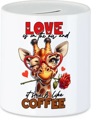 Produktbild von Love is in the air and it smells like coffee Spardose lustiger Spruch Liebe Kaffee Giraffe