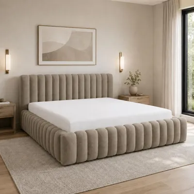 Produktbild von Home Collective Polsterbett Doppelbett | Mit Stauraum & Metall-Lattenrost | Weicher Bouclé-Stoff mit moderner Steppung 180x200 cm in Steingrau, KI-generiertes Bild