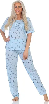 Produktbild von Damen Pyjama Hose + Shirt Schlafanzug Pyjama-Set; Blau/XL/42