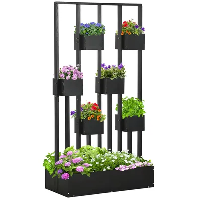 Produktbild von Květinový truhlík Outsunny, vyvýšený záhon, truhlík s podpěrou pro šplhání, modulární design, nástěnný zeleninový záhon na terasu, balkon, masivní dřevo, černá barva, 90 x 45 x 170 cm