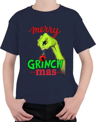 Produktbild von merry GRINCH mas Weihnachtsgrinch Lustig Weihnachtskugel Geschenk Uni Kinder T-Shirt, Navy, 128